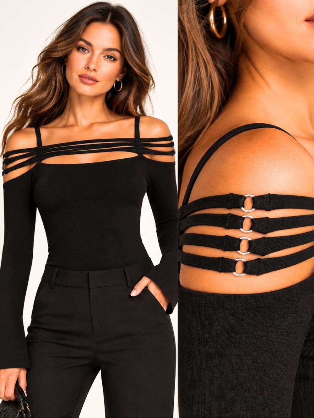Jonathan Simkhai Black Strappy Off Shoulder Cutout Long Sleeve Top Sarah Small